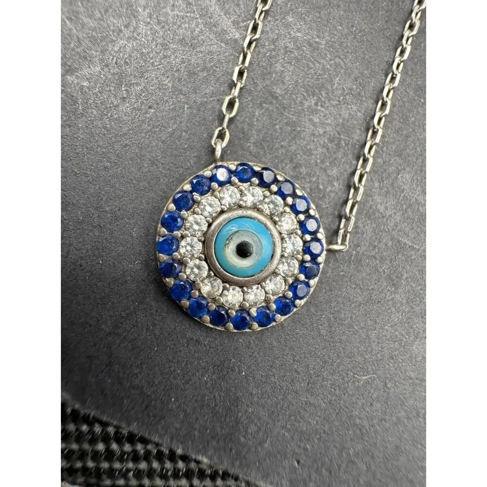 925 Sterling Silver Cubic Zirconia Blue Disc Evil Eye Pendant Necklace 17.5